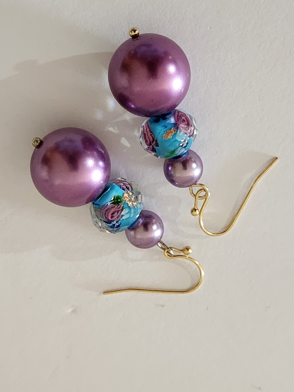 Hand Crafted Lavender Pearl Earrings with Blue Floral Bead